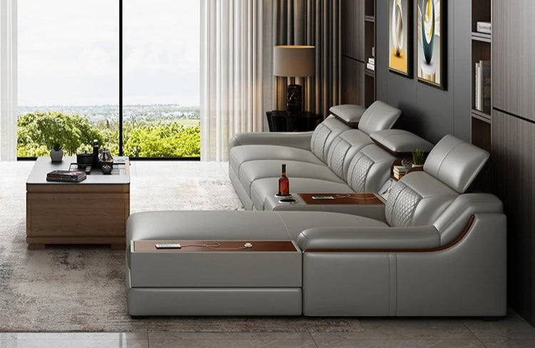 Stylish Italian Genuine Leather Sofa for Living Room with Cup Holder, USB, Adjustable Headrests & Bluetooth Speaker - Linlamlim