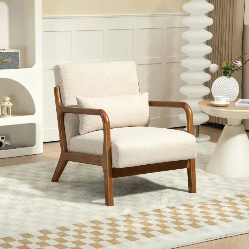 Wood Arm Accent Chair – Modern Style Beige Armchair with Removable Pillow