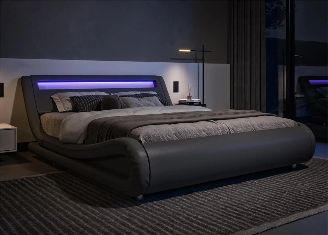 Modern Bed Frame with Adjustable Headboard & LED Lights