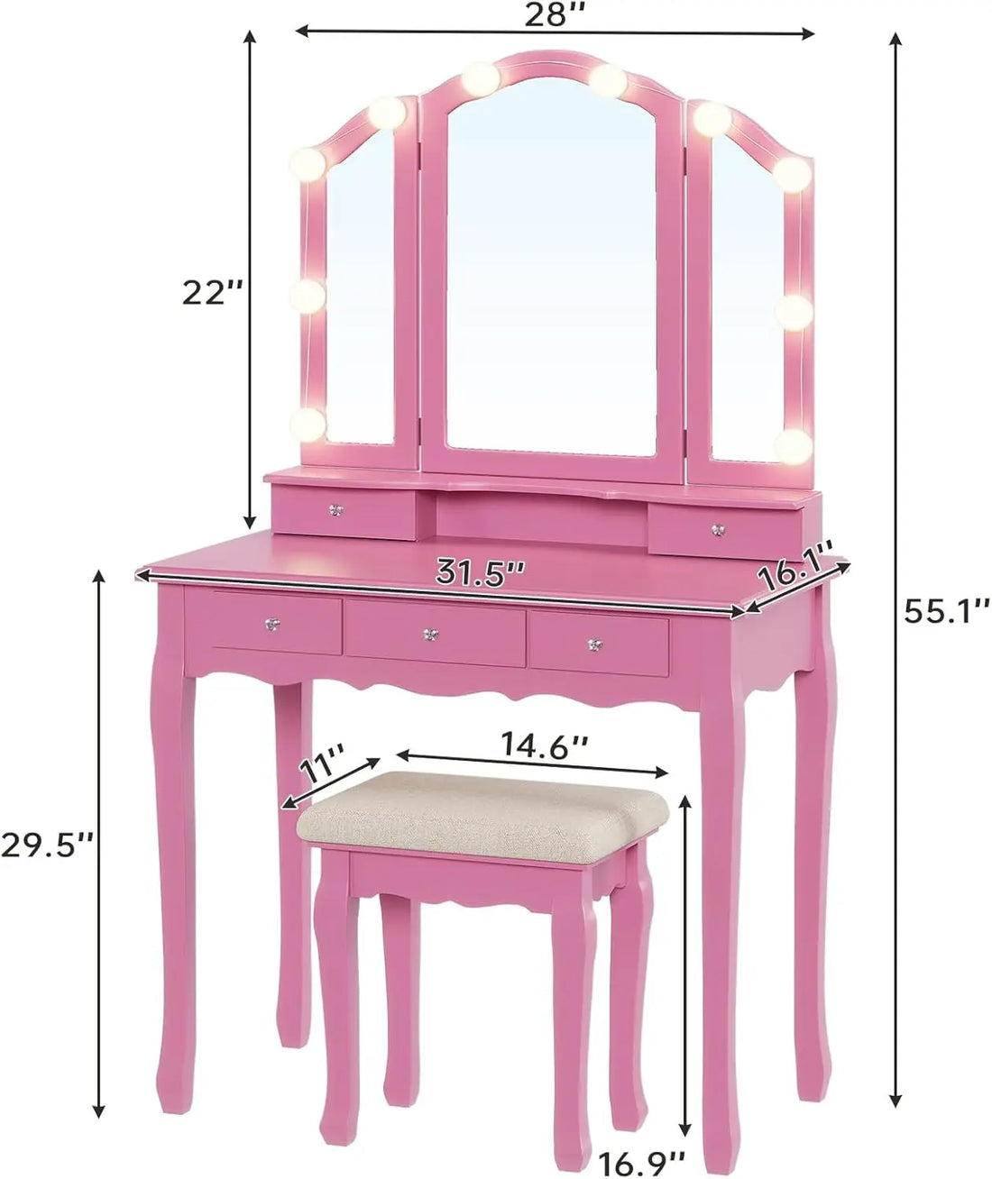 Vanity Desk with Tri-Fold Mirror and Lights – Pink Makeup Vanity Table with 5 Drawers, Hollywood LED Bulbs & Upholstered Stool