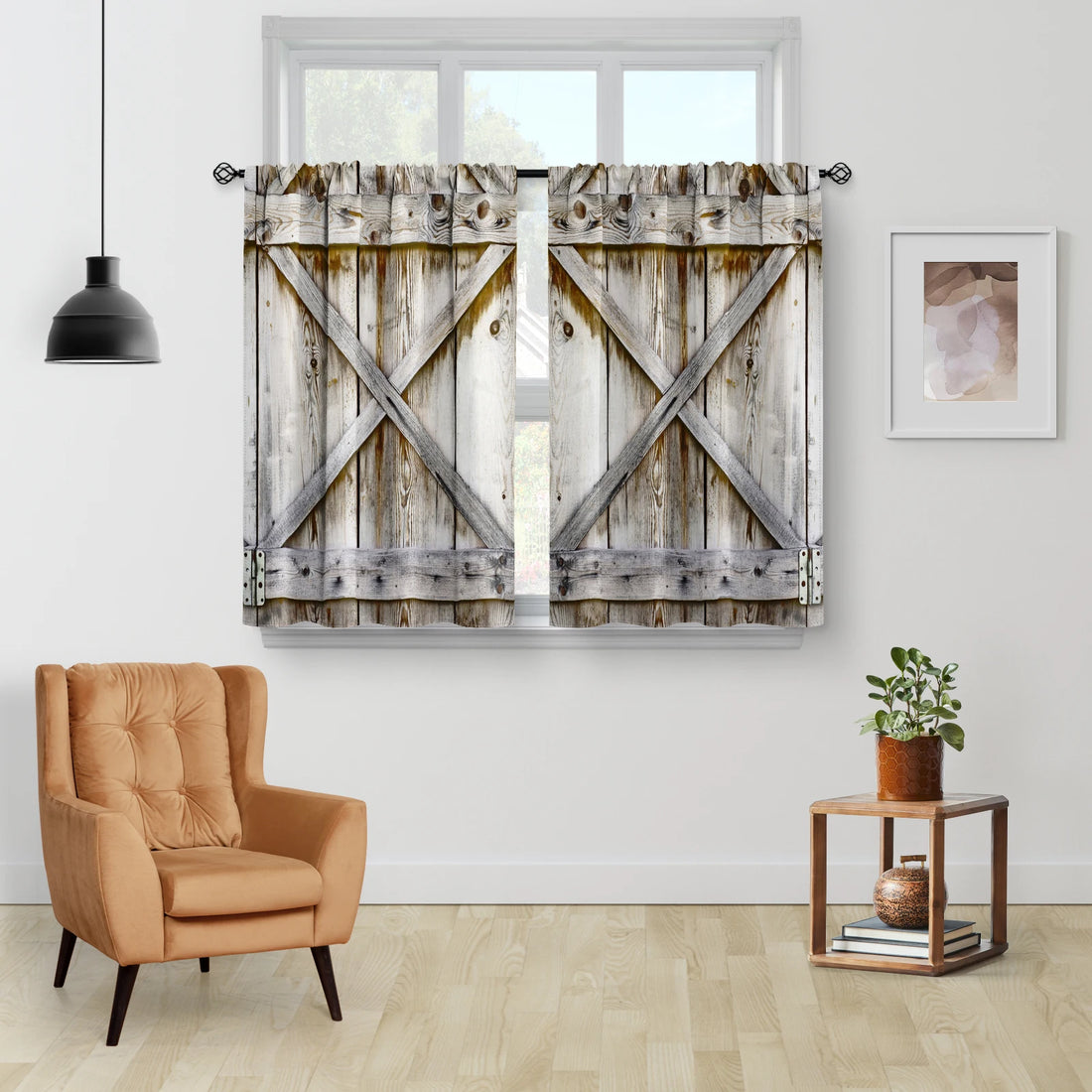 2 Panel Farmhouse Country Wood Kitchen Curtains – Wooden Barn Door Vintage Short Tier Curtains