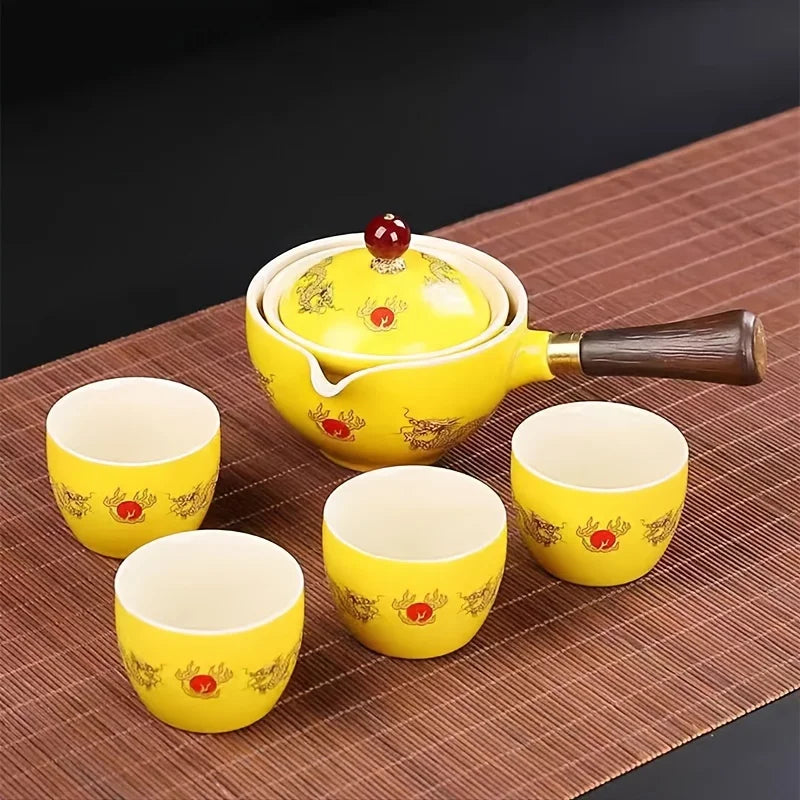 Portable Ceramic Kung Fu Tea Set with 360° Rotating Teapot and Cups – Ideal for Tea Lovers, Travel, or Office Gift