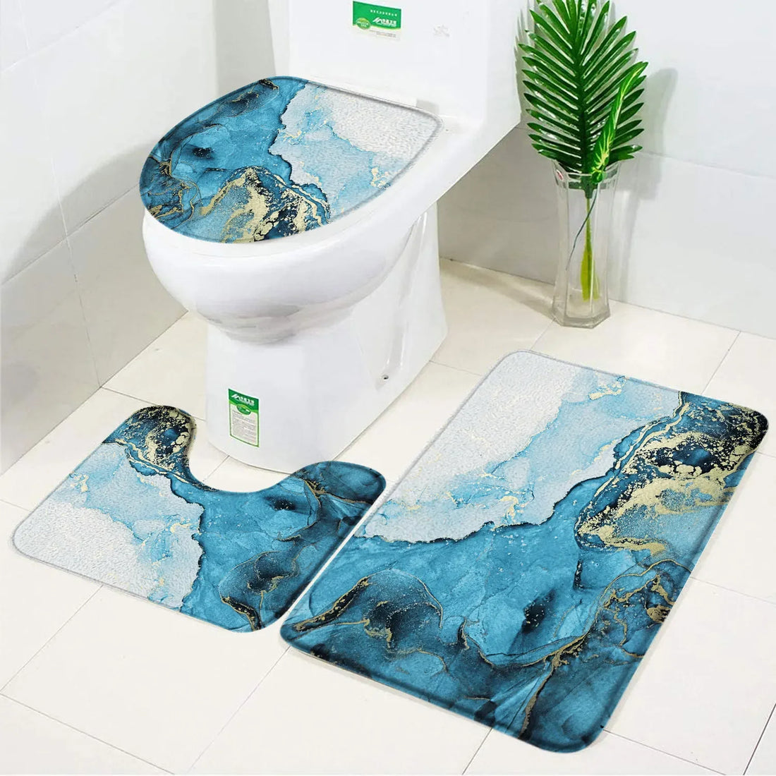 3pcs Set Black Marble Bath Mat – Non-Slip Absorbent Bathroom Rugs with Toilet Lid Cover