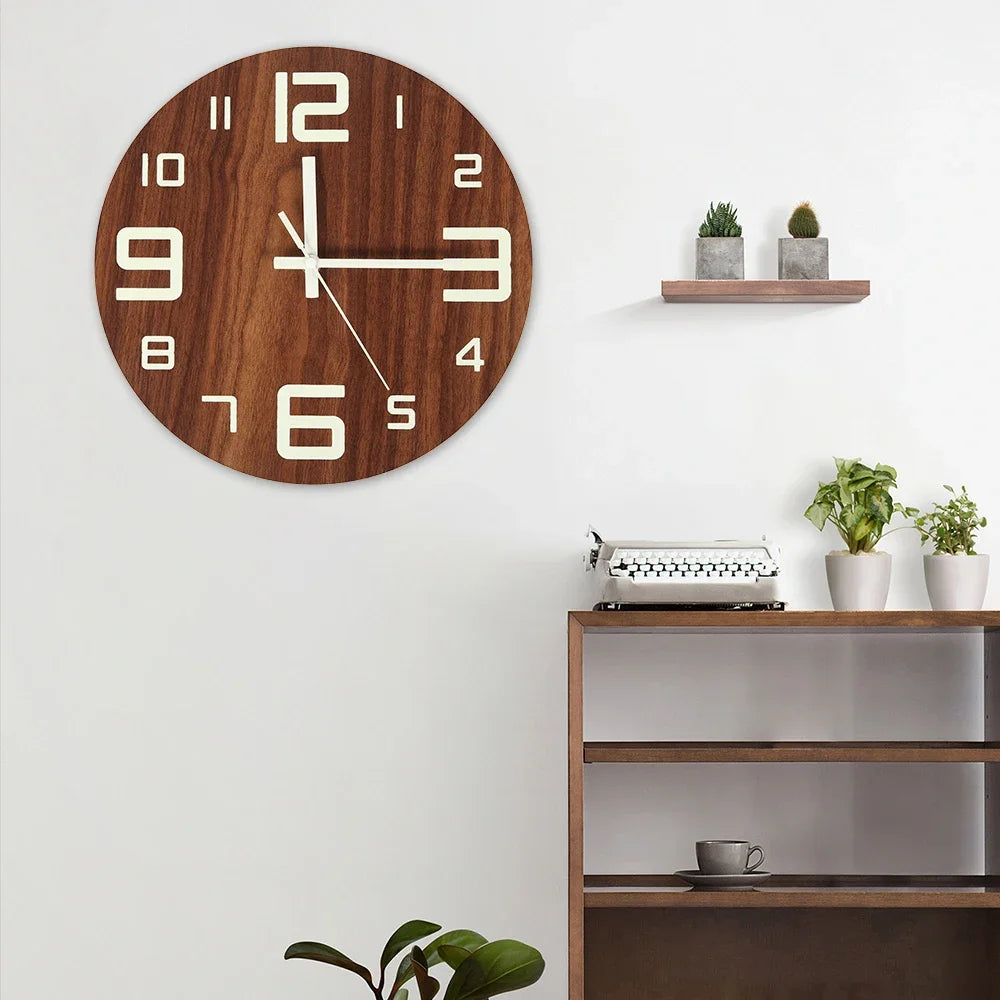 New Wooden Wall Clock with Luminous Numbers – Quiet Modern Decorative Clock for Living Room