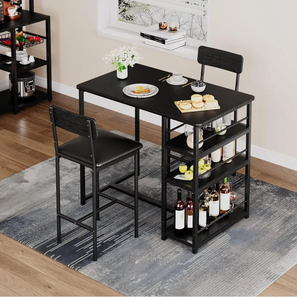 Dining Table Set for 2 – Counter Height Table with Upholstered Chairs and Storage Shelves