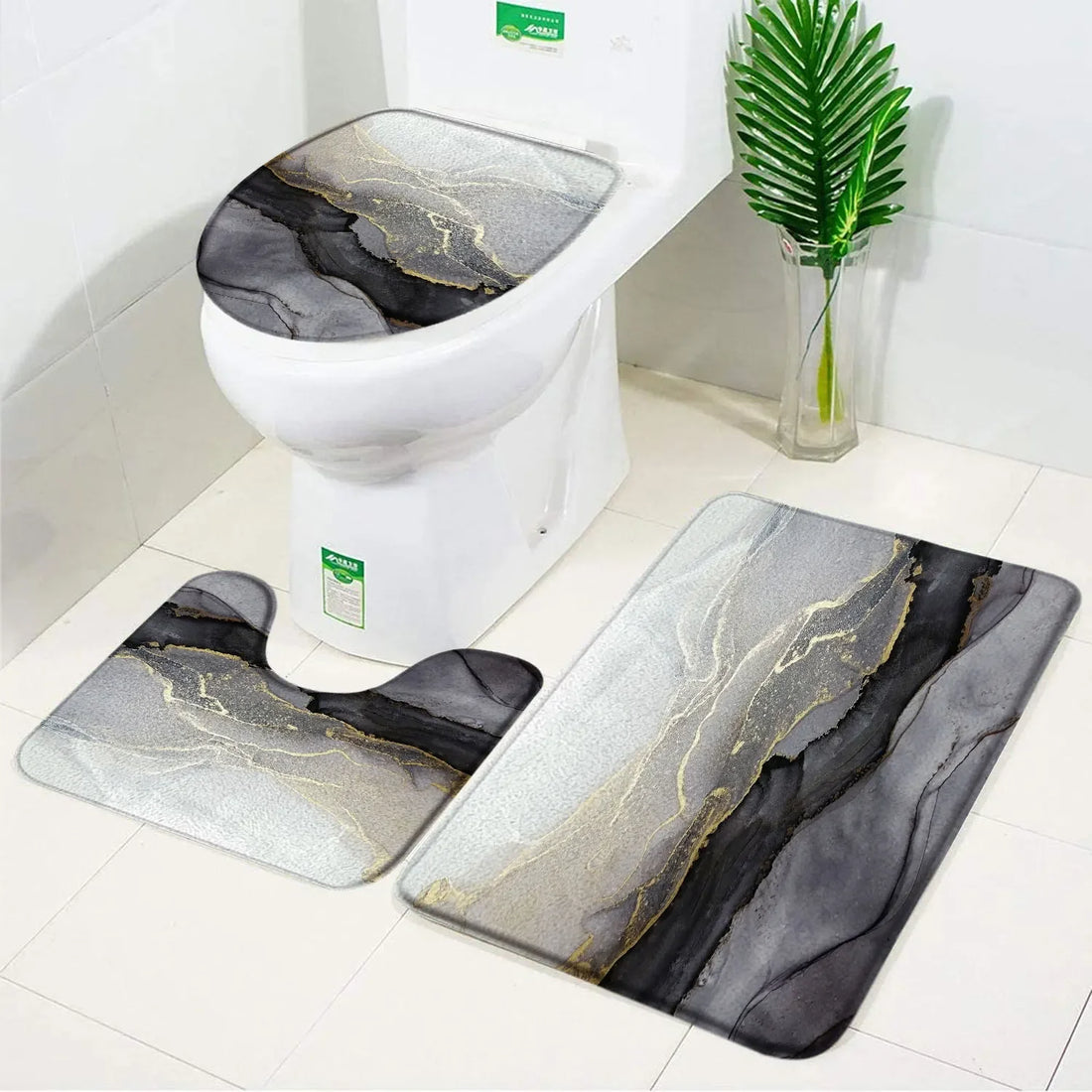 3pcs Set Black Marble Bath Mat – Non-Slip Absorbent Bathroom Rugs with Toilet Lid Cover