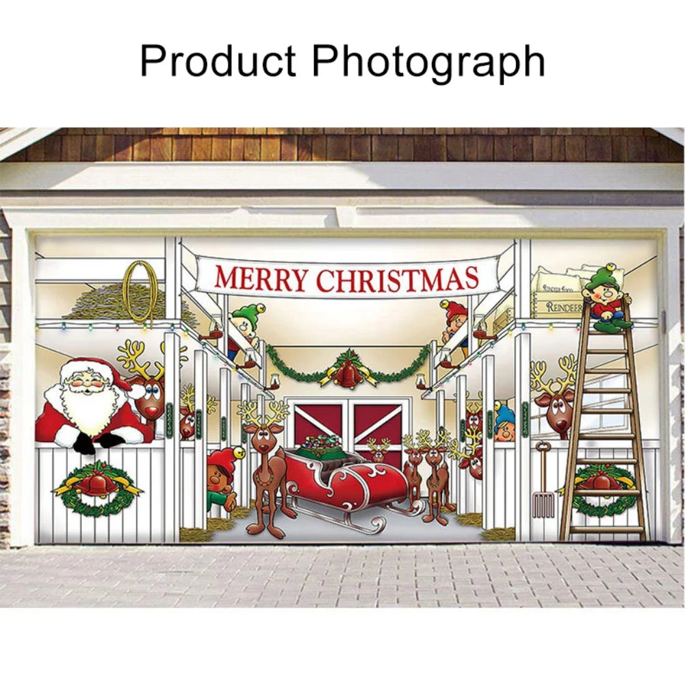 Christmas Tapestry Cartoon Outdoor Garage Door Curtain – Festive Wall Hanging & Christmas Background Decoration