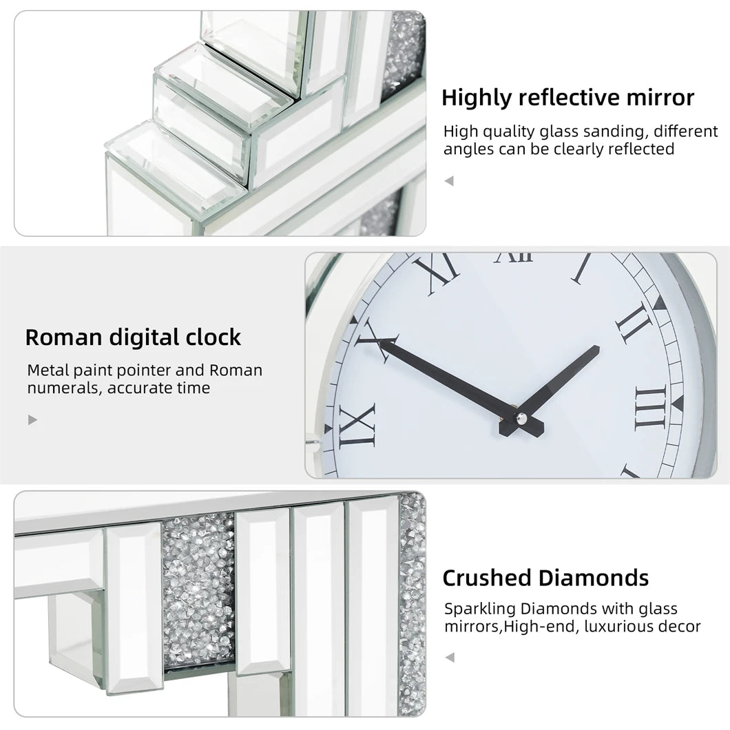 Large Irregular Wall Clock – Crystal Crush Diamond Silent Quartz Clock with Roman Numerals for Home Decor