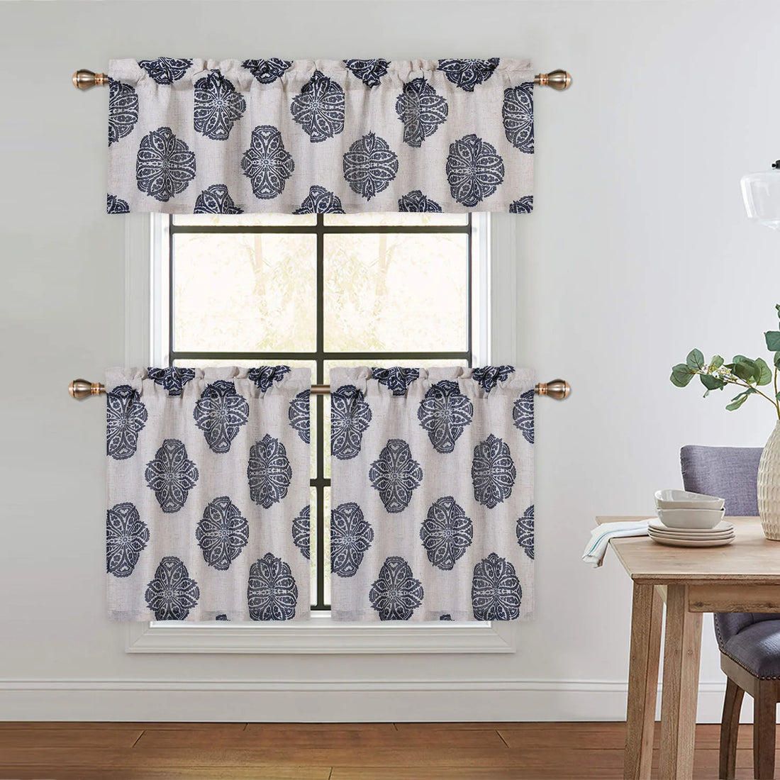 Medallion Printed Rod Pocket Light-Filtering Valance Curtain – Elegant Window Treatment for Kitchen and Bathroom