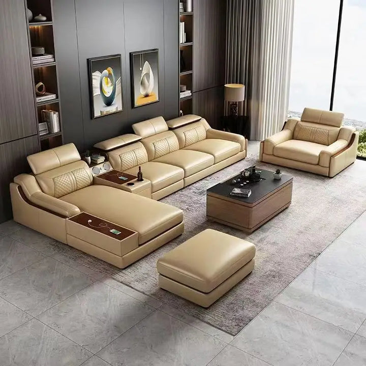 Stylish Italian Genuine Leather Sofa with Cup Holder, USB & Bluetooth Speaker