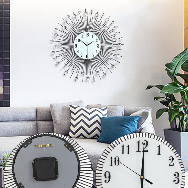 Modern Crystal Diamond Wall Clock – 3D Luxury Silent Metal Flower Clock for Home Décor