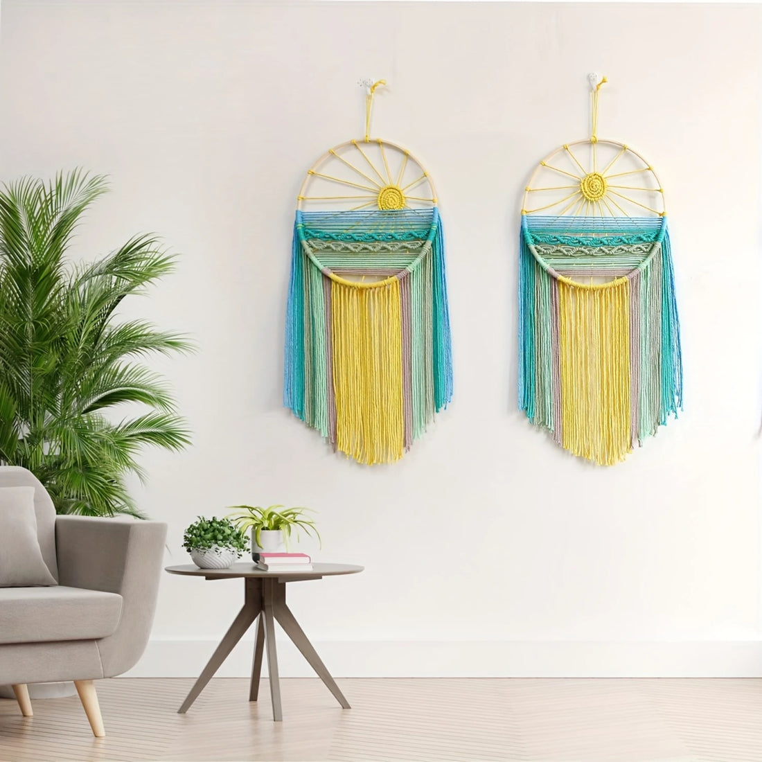 Bohemian Sunrise & Sunset Wall Hanging - Handwoven Cotton Tapestry with Decorative Tassels