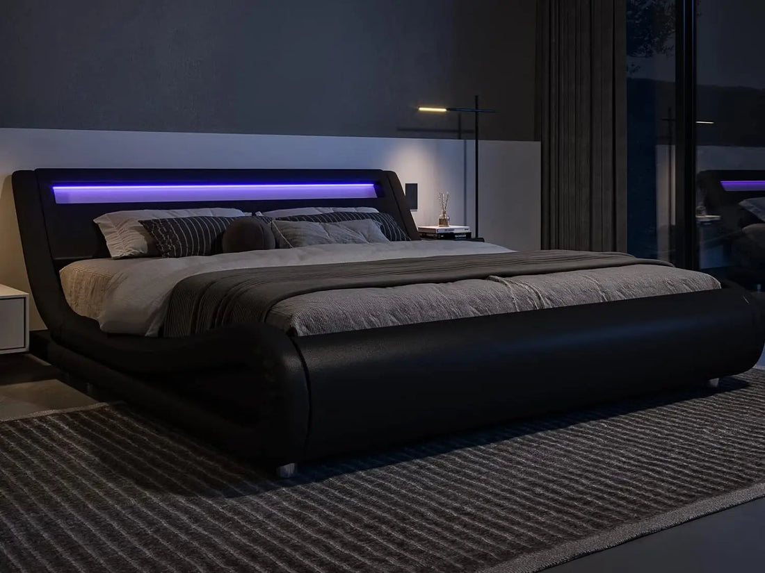 Modern Bed Frame with Adjustable Headboard & LED Lights