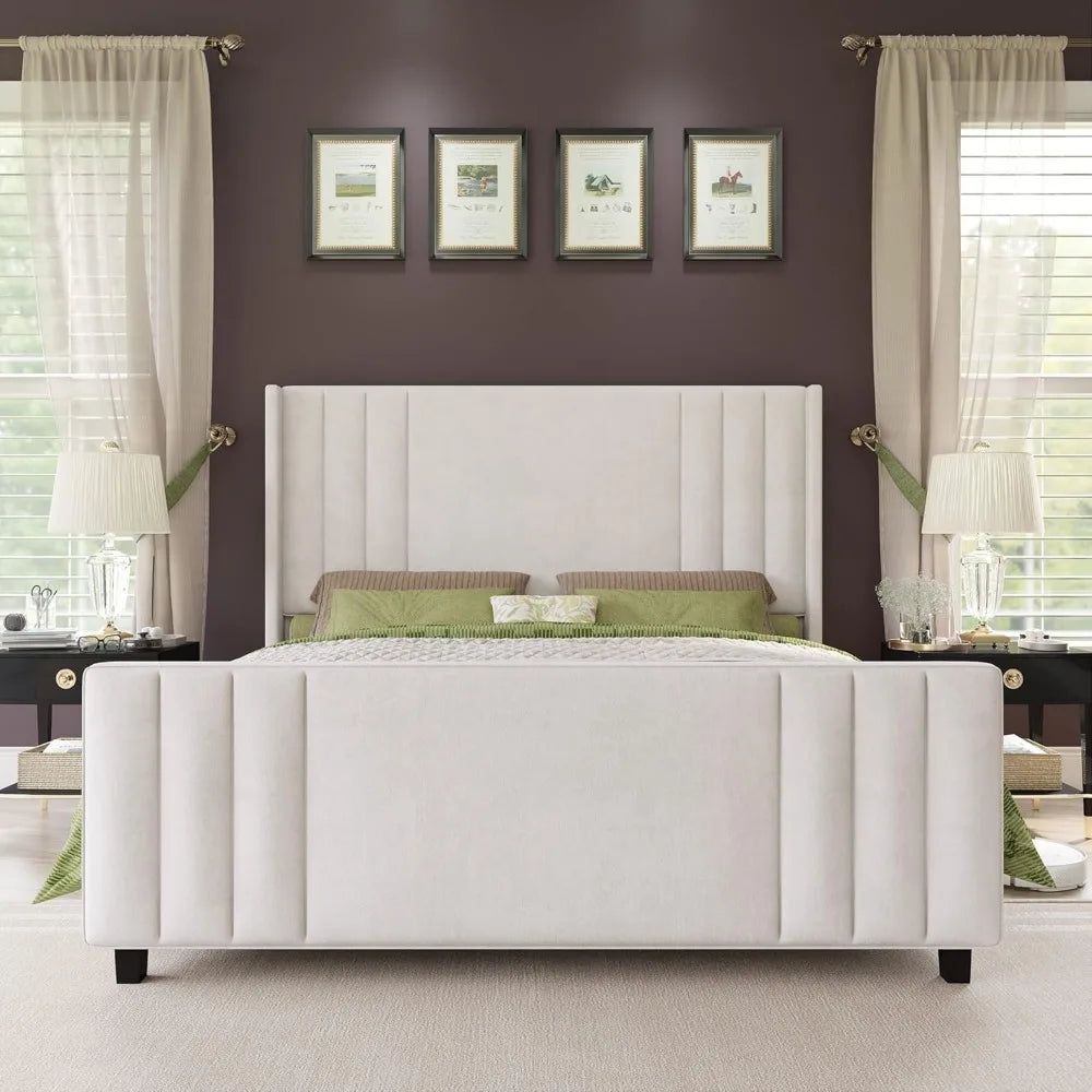 Queen Velvet Upholstered Platform Bed with Tufted Wingback Headboard & Storage