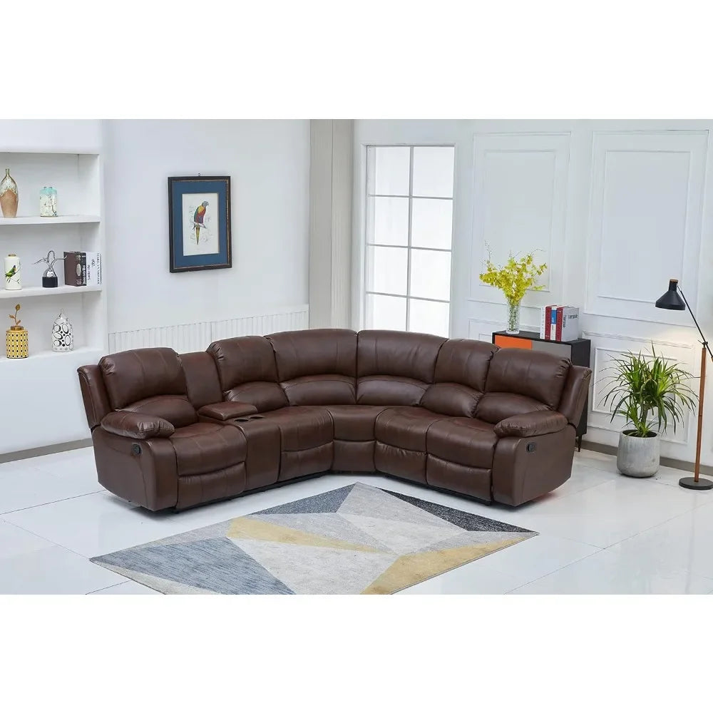 Recliner Bonded Leather Sectional Sofa with Console – Multiple Colors (Brown, Left Console Sectional)