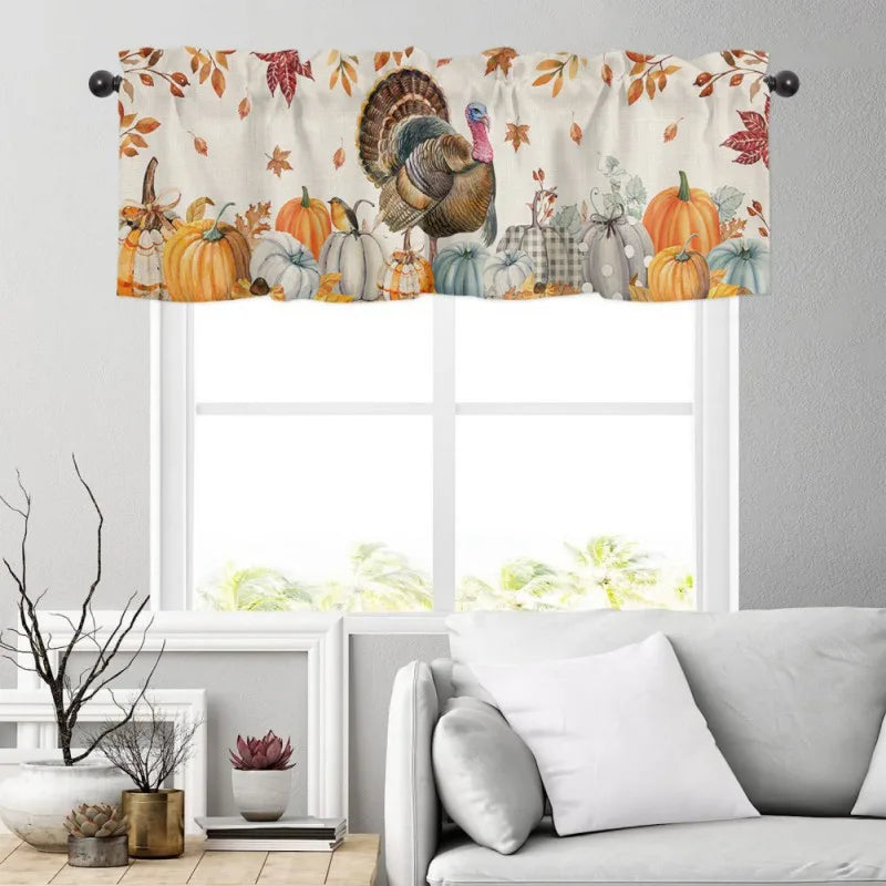 Thanksgiving Autumn Pumpkin Maple Leaf Short Curtains – Farmhouse Curtains for Kitchen, Cabinet, and Window