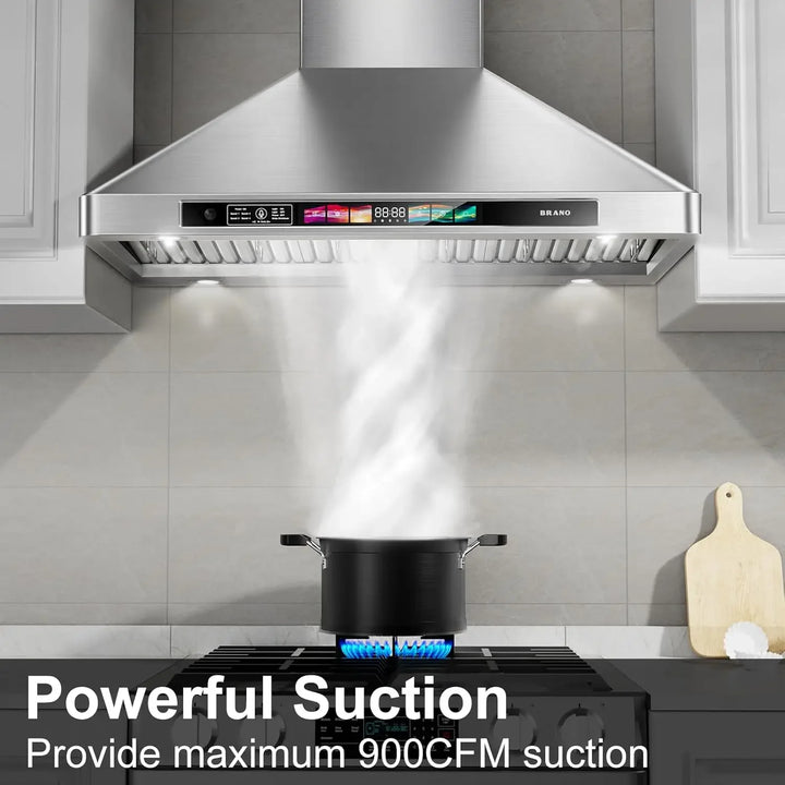 30-Inch Wall Mount Range Hood – 900 CFM Stainless Steel Kitchen Vent with Voice, Gesture & Touch Control | 4-Speed Exhaust Fan