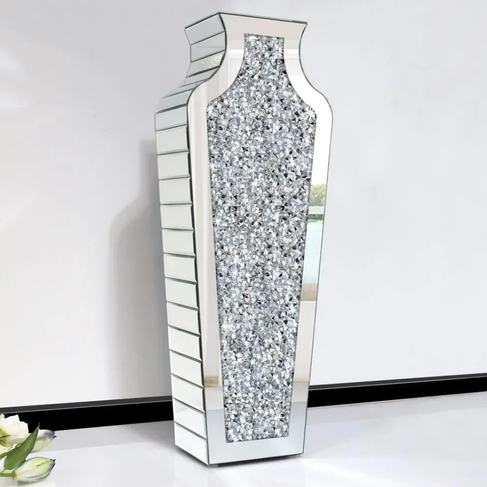 Crystal Silver Glass Decorative Mirror Vase – Luxury Crushed Diamond 27" Floor Vase