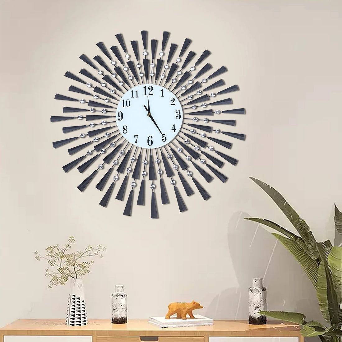 Modern Black Silent Wall Clock – Non-Ticking Decorative Crystal Clock for Bedroom, Kitchen, and Office