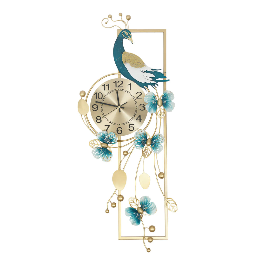 Large Peacock Wall Clock – Gold and Blue Decorative Silent Quartz Wall Clock for Living Room