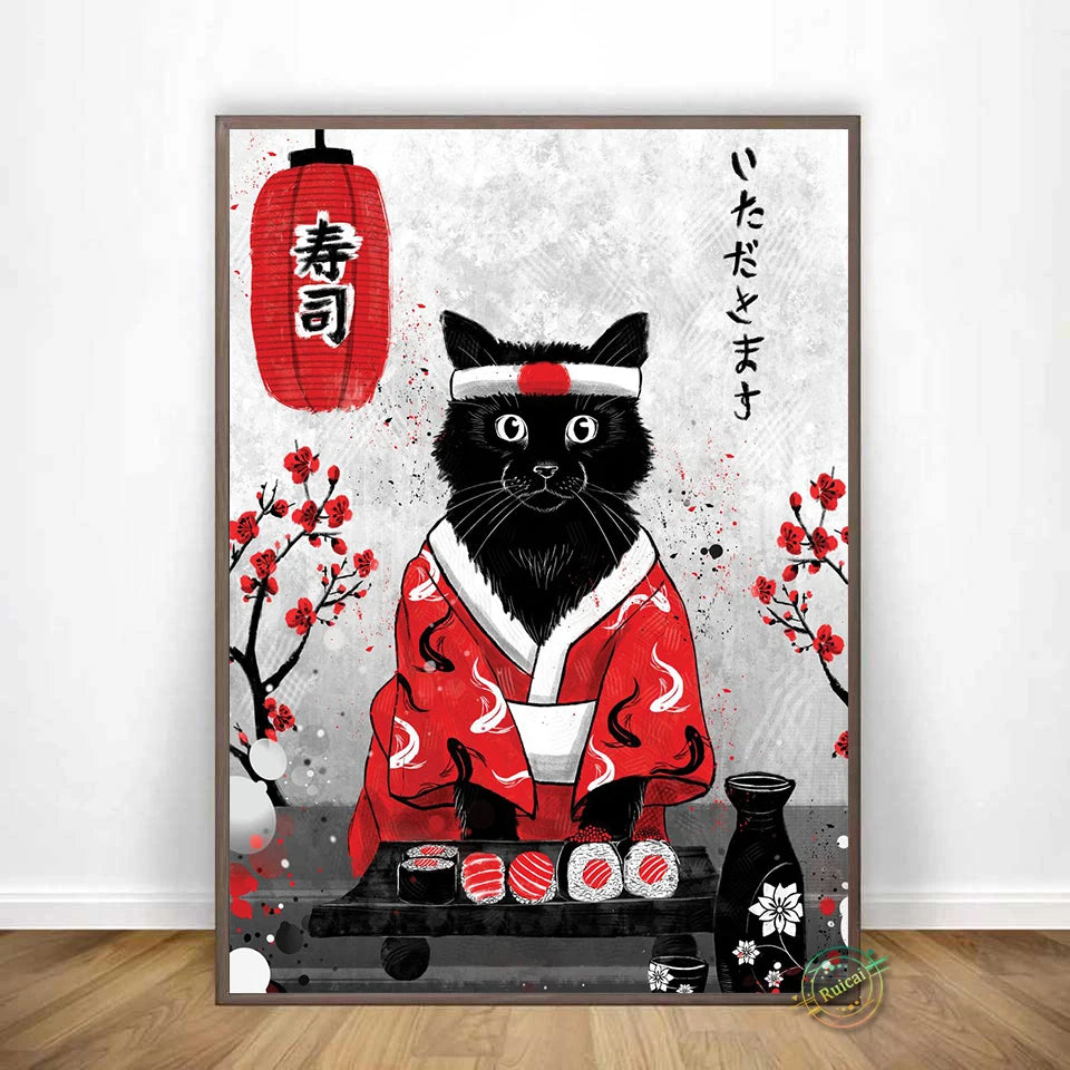 Japan Samurai Geisha Panda Koi Fish Yin Yang Canvas Wall Art – Modern Decorative Home Decor