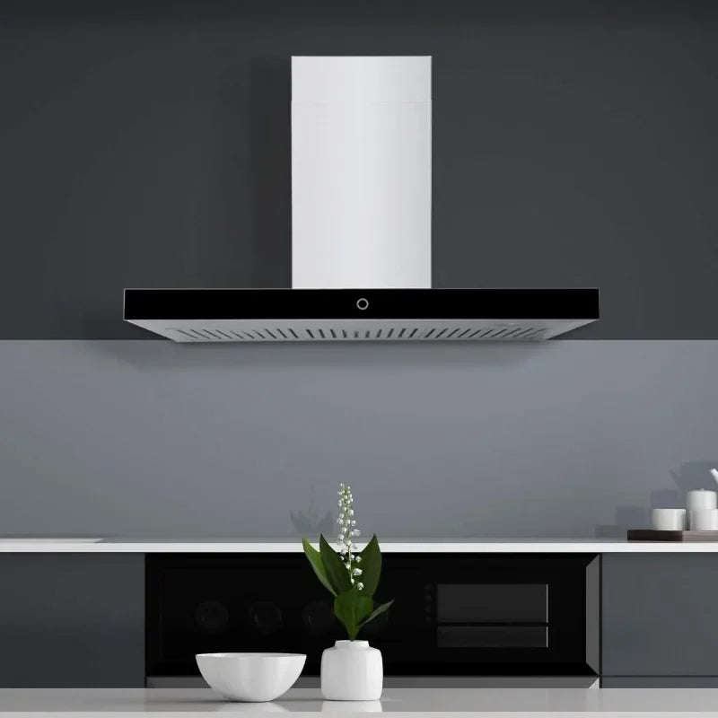 Hauslane 30-Inch Wall Mounted Range Hood – WM-739 Stainless Steel Kitchen Vent with Powerful Suction & Black Glass Panel