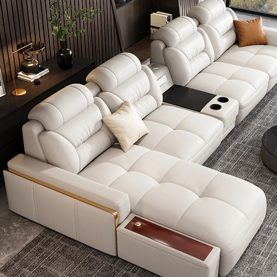 Premium Italian Genuine Leather Sectional Sofa Sets with USB & Bluetooth Speaker - MANBAS Living Room Furniture