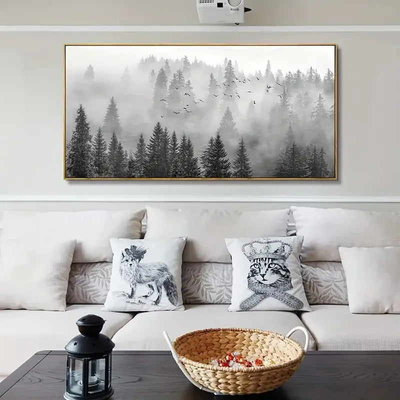 Majestic Foggy Forest Canvas Wall Art – Monochromatic Elegance for Modern Interiors