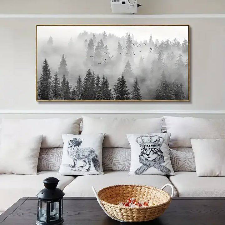 Majestic Foggy Forest Canvas Wall Art – Monochromatic Elegance for Modern Interiors