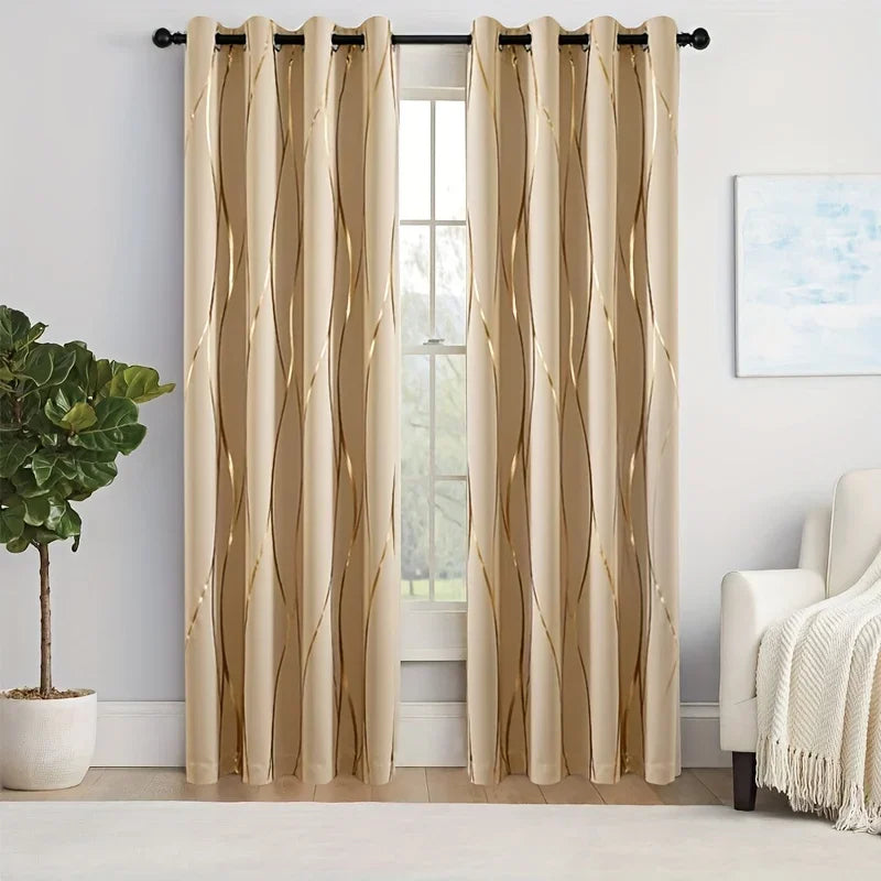 2Pcs Golden Wave & Circle Blackout Curtains – Thermal Insulated Light Filtering Drapes