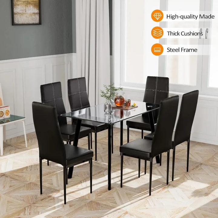 7-Piece Glass Dining Table Set – Modern Rectangular Table with 6 Chairs