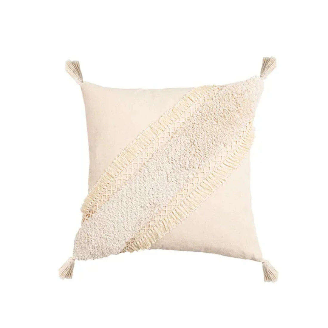 Handmade Beige & White Tassel Decorative Cushion Cover – Boho-Inspired Sofa Pillow Case (45x45cm / 30x50cm)