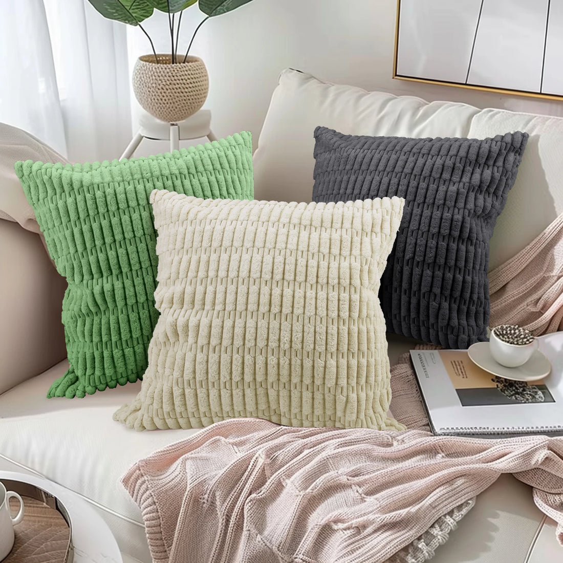 Set of 2 Nordic Plush Striped Corduroy Throw Pillow Covers – 45CM Soft Square Cushion Covers for Couch, Bed & Sofa