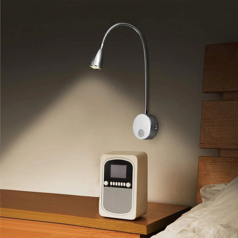 LED Flexible Gooseneck Spotlight 360Degree Rotation Bedside Switch Night Lamp Indoor Bedroom Hotel Bedside Sconces Study Reading