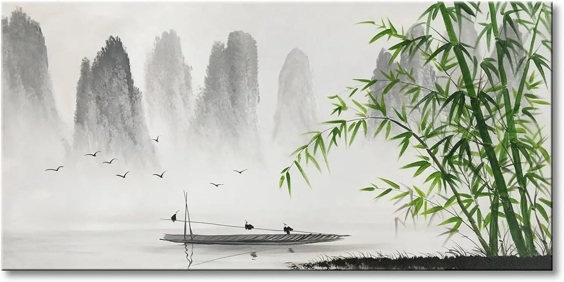 Large Hand-Painted Traditional Chinese Painting – Black and White Bamboo Landscape Canvas Wall Art