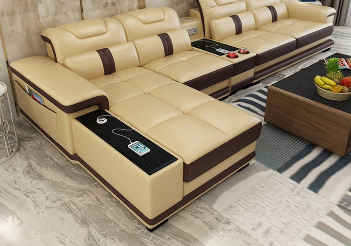 MANBAS Luxury Italian Genuine Leather Sectional Sofa Set with Bluetooth Speaker and USB Ports