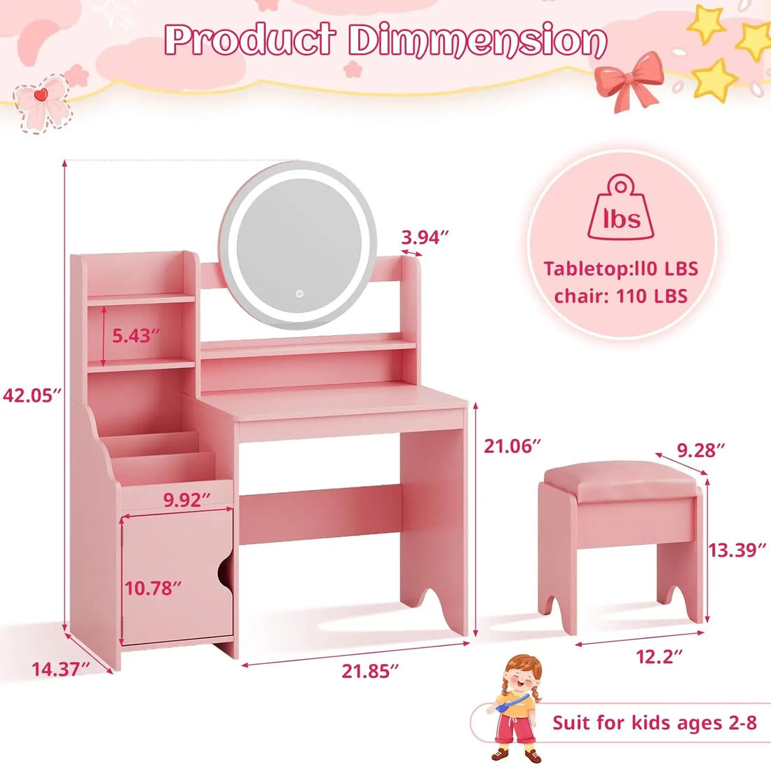 Vabches Kids Vanity Desk with Lights – Pink Makeup Vanity Table with Mirror, Storage Cabinet, Shelves & Chair for Girls