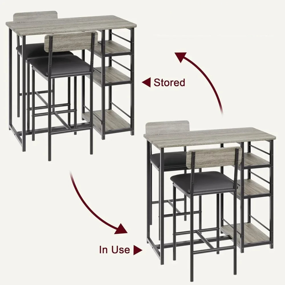 Dining Table Set for 2 – Counter Height Table with Upholstered Chairs and Storage Shelves