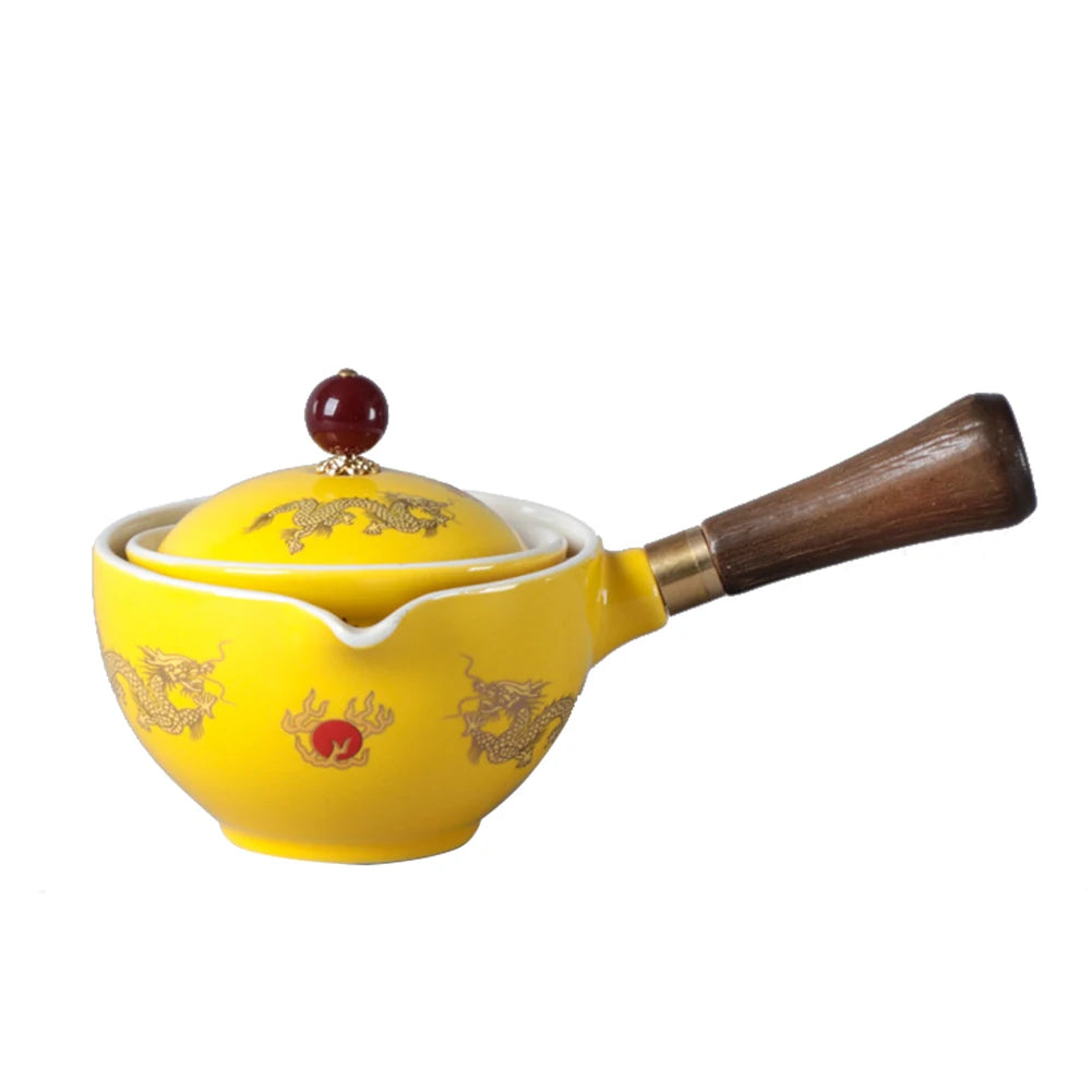 Portable Chinese Gongfu Kung Fu Tea Set – 360° Rotating Ceramic Teapot with Wooden Handle & Infuser