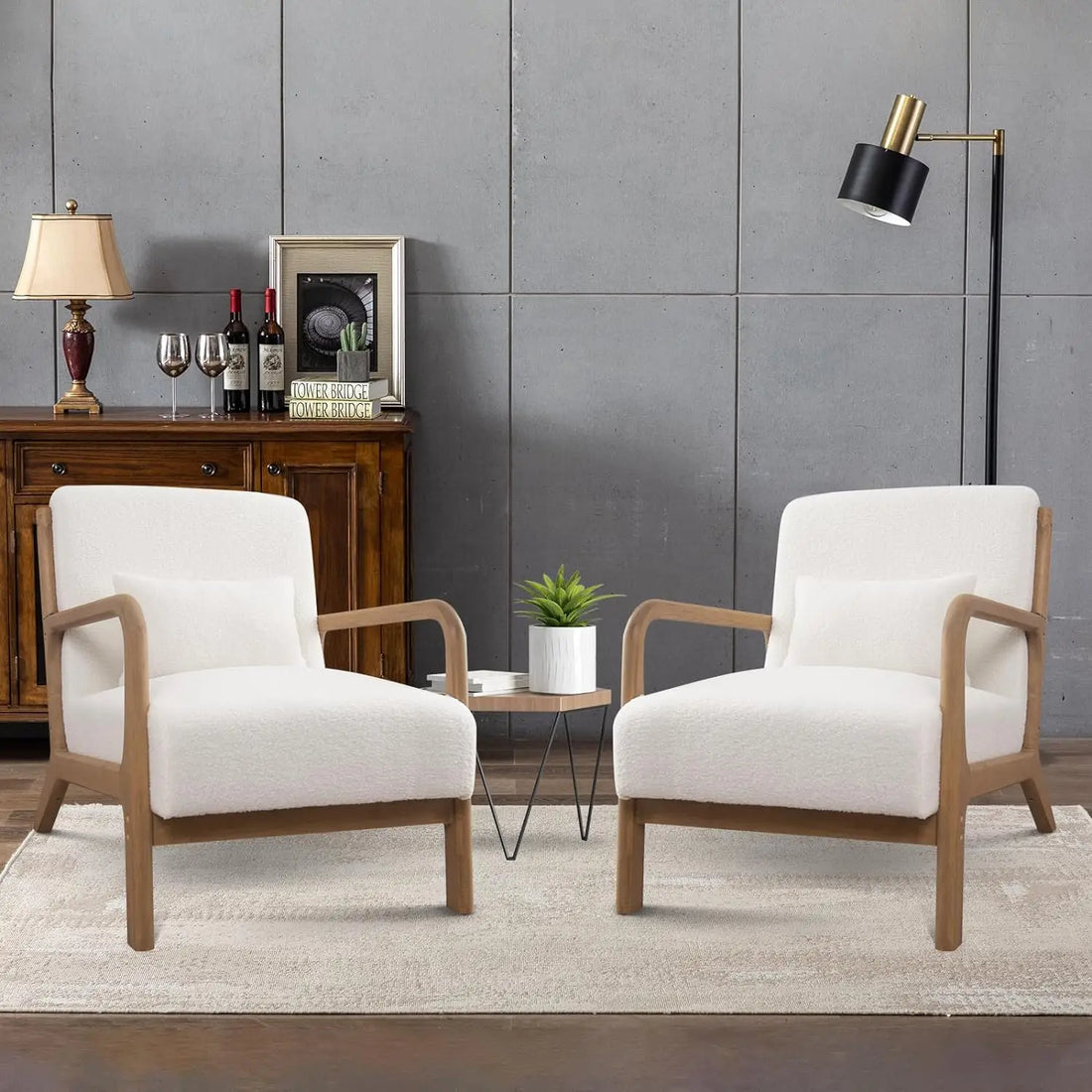 Mid-Century Modern Accent Chairs Set of 2 – Fabric Lounge Armchairs with Solid Wood Frame