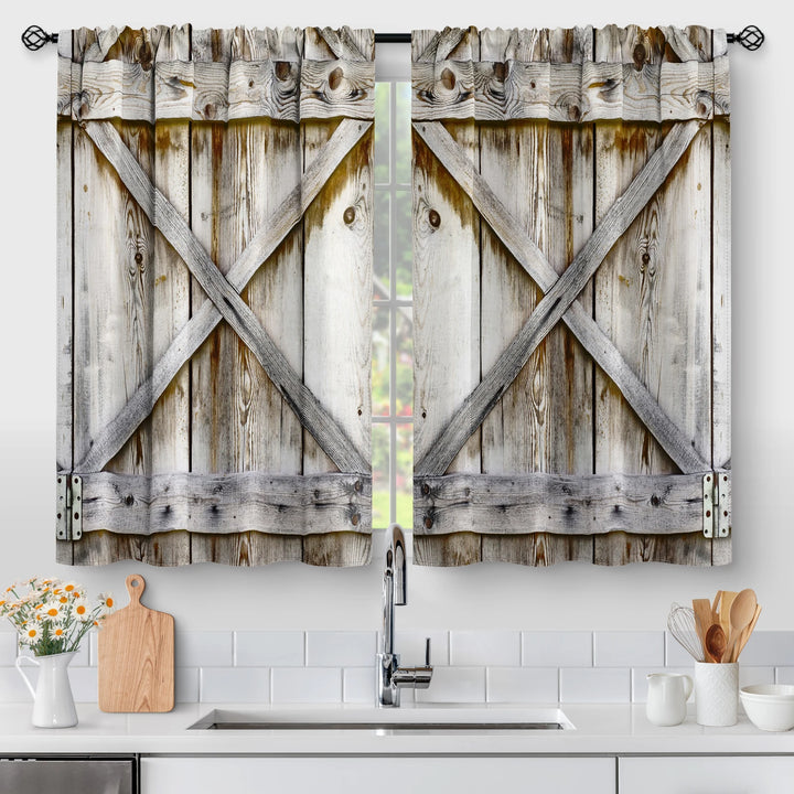 2 Panel Farmhouse Country Wood Kitchen Curtains – Wooden Barn Door Vintage Short Tier Curtains