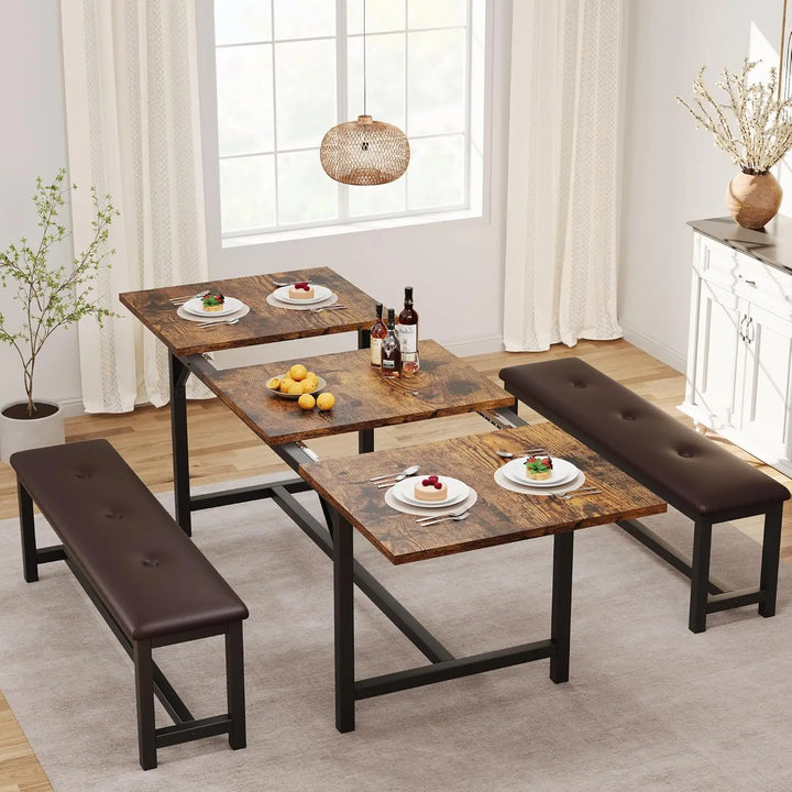 63" Extendable Dining Table Set for 4-6 – Space-Saving with Upholstered Benches