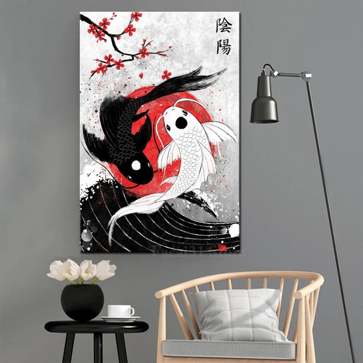 Japanese Yin Yang Koi Fish Canvas Painting – Modern Wall Art for Home Decoration