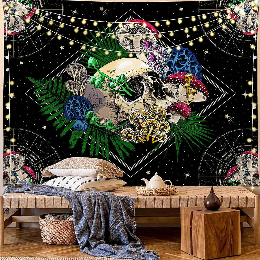 Large Skull Tapestry with Colorful Mushroom Design – Starry Aesthetic Wall Hanging