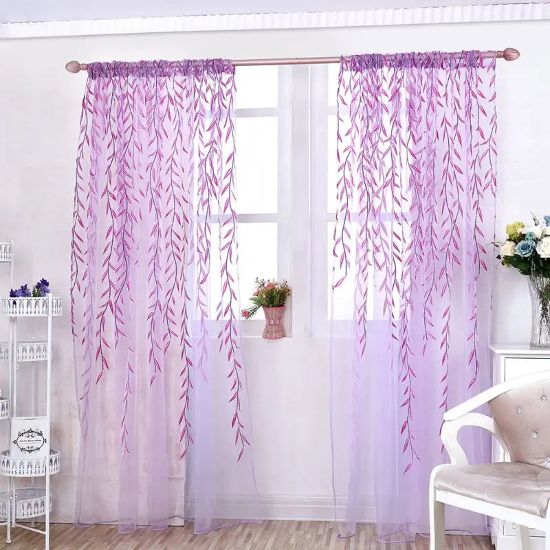 Green Purple Willow Sheer Curtains – Decorative Tulle for Living Room, Kitchen, and Bedroom