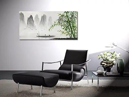 Large Hand-Painted Traditional Chinese Painting – Black and White Bamboo Landscape Canvas Wall Art