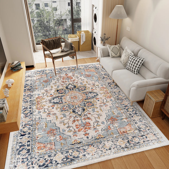 Orhopui Vintage Boho Washable Area Rug – Non-Slip & Stain Resistant for Living Room and Bedroom