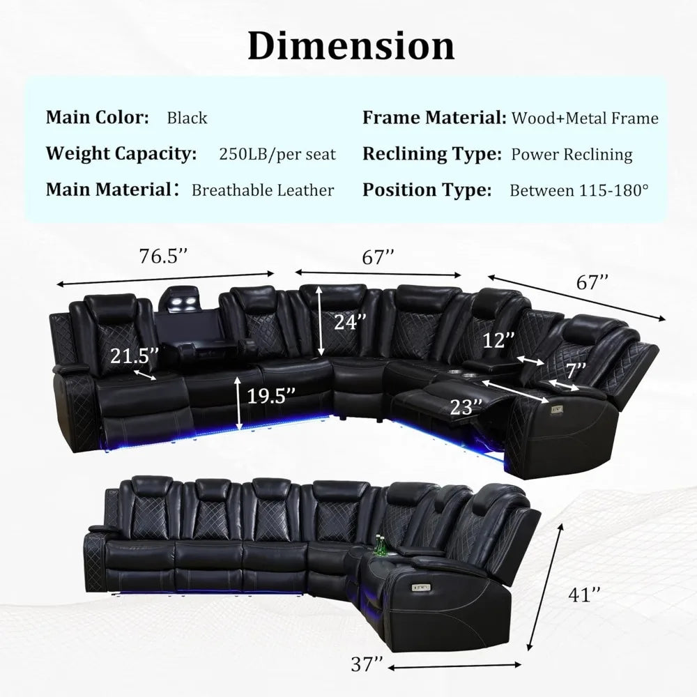 Power Recliner Sectional Sofa with LED Light