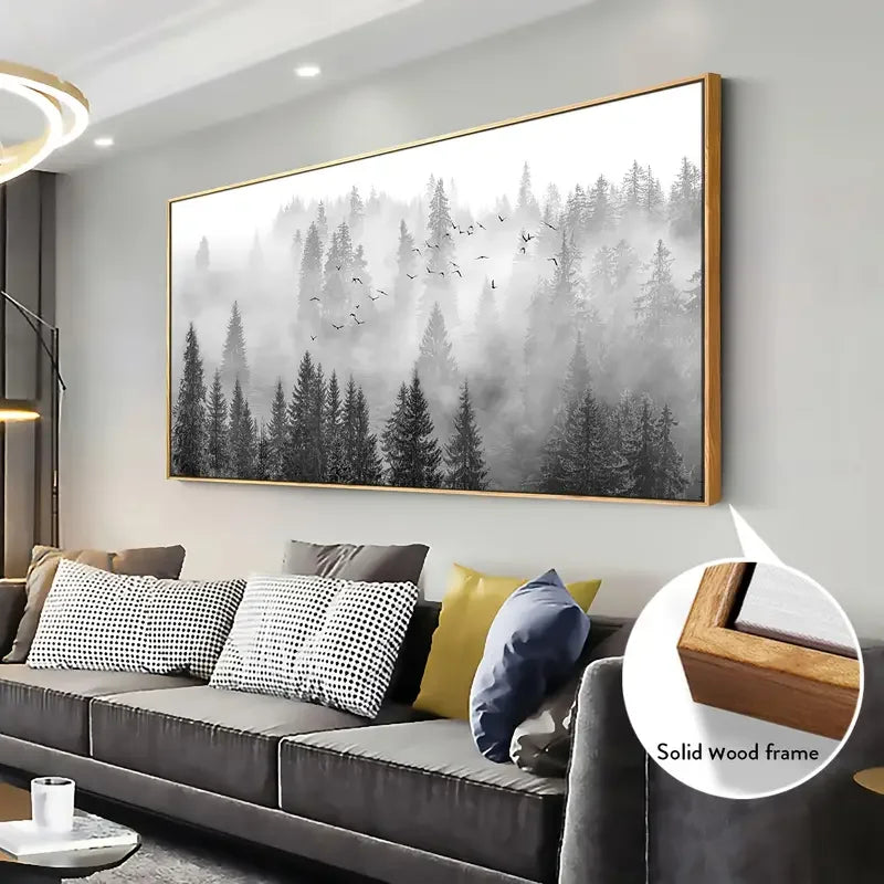 Majestic Foggy Forest Canvas Wall Art – Monochromatic Elegance for Modern Interiors