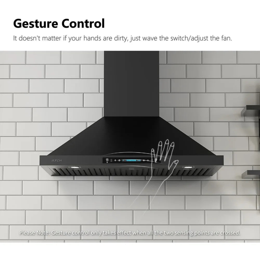 36-Inch Black Wall Mount Range Hood – 900 CFM Stainless Steel Vent Hood with Gesture Sensing & Touch Control (IKP02-36-BSS)